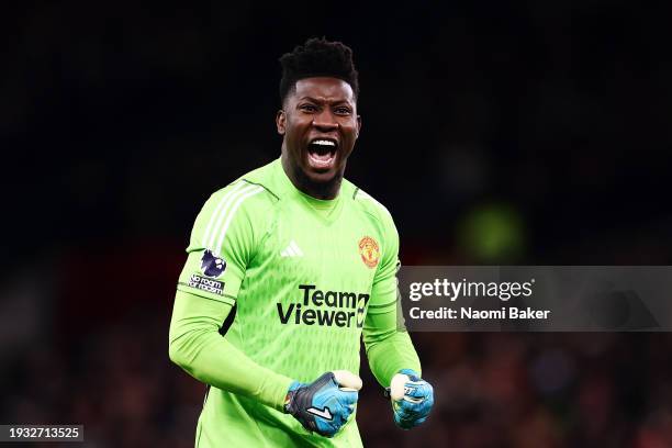 Andre Onana of Manchester United celebrates after their team's second goal during the Premier League match between Manchester United and Tottenham...