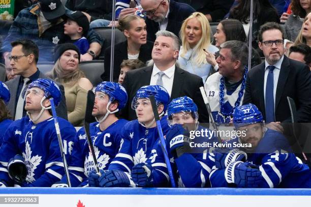 Head Coach Sheldon Keefe of the Toronto Maple Leafs looks on from the bench during the third period against the Colorado Avalanche at Scotiabank...