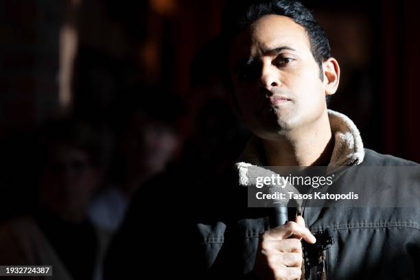 Republican presidential candidate businessman Vivek Ramaswamy speaks to attendees during a campaign stop on January 14, 2024 in Ankeny, Iowa....