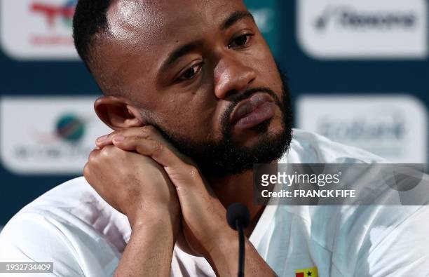 Ghana's forward Jordan Ayew reacts during a press conference at the palais de la Culture in Abidjan on January 17, 2024 on the eve of the 2024 Africa...