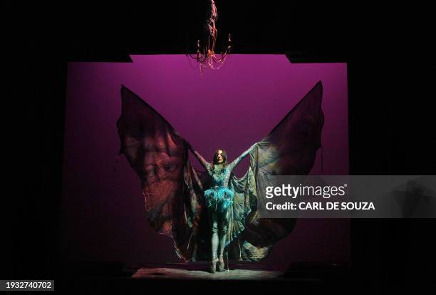 Actress and dancer Winifred Burnet-Smith performs during a dress rehearsal for the fairy-tale stage show Angelmoth at Sadlers Wells theatre in...
