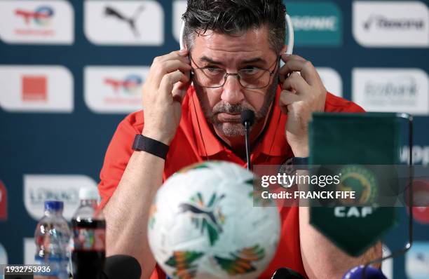 Egypt's Portuguese head coach Rui Vitoria grimaces during a press conference at the palais de la Culture in Abidjan on January 17, 2024 on the eve of...