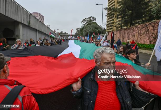 Demonstrators hold a large Palestinian flag while marching from the U.S Embassy to Israeli Embassy during a protest "for peace in the Middle East,...