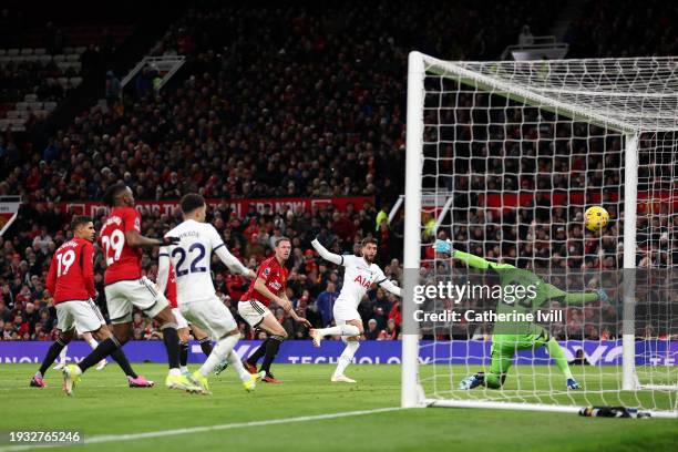 Rodrigo Bentancur of Tottenham Hotspur scores their team's second goal during the Premier League match between Manchester United and Tottenham...