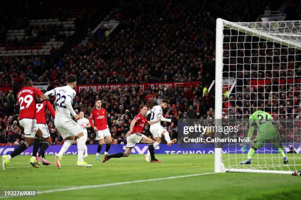 Rodrigo Bentancur of Tottenham Hotspur scores their team's second goal during the Premier League match between Manchester United and Tottenham...