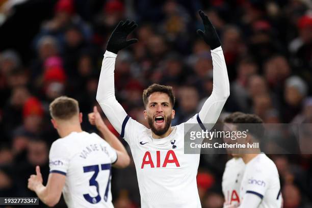 Rodrigo Bentancur of Tottenham Hotspur celebrates after scoring their team's second goal during the Premier League match between Manchester United...