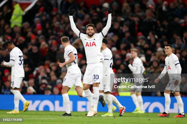 Rodrigo Bentancur of Tottenham Hotspur celebrates after scoring their team's second goal during the Premier League match between Manchester United...