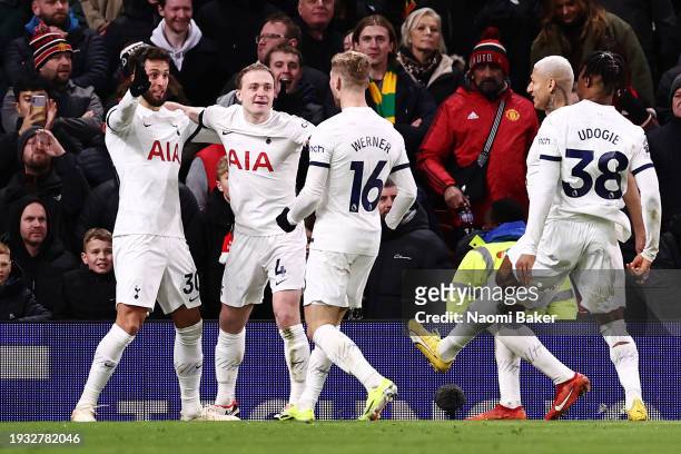 Rodrigo Bentancur of Tottenham Hotspur celebrates with team mates Oliver Skipp and Timo Werner after scoring their team's second goal during the...