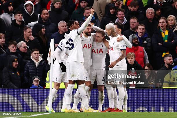 Rodrigo Bentancur of Tottenham Hotspur celebrates with team mates Destiny Udogie, Oliver Skipp and Richarlison after scoring their team's second goal...