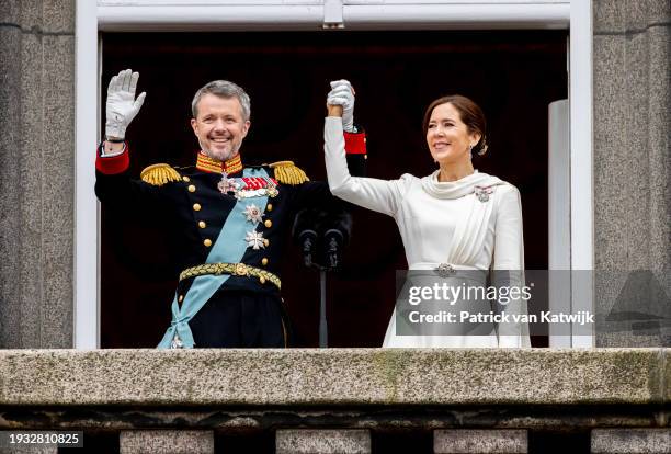 King Frederik X of Denmark and Queen Mary of Denmark appear on the balcony of Christiansborg Palace after a declaration of the King's accession to...