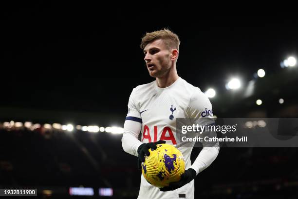 Timo Werner of Tottenham Hotspur holds the match ball during the Premier League match between Manchester United and Tottenham Hotspur at Old Trafford...