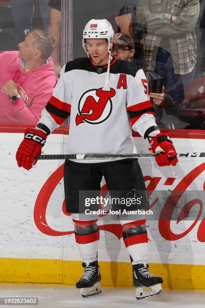 Erik Haula of the New Jersey Devils warms up prior to the game against the Florida Panthers at the Amerant Bank Arena on January 13, 2024 in Sunrise,...