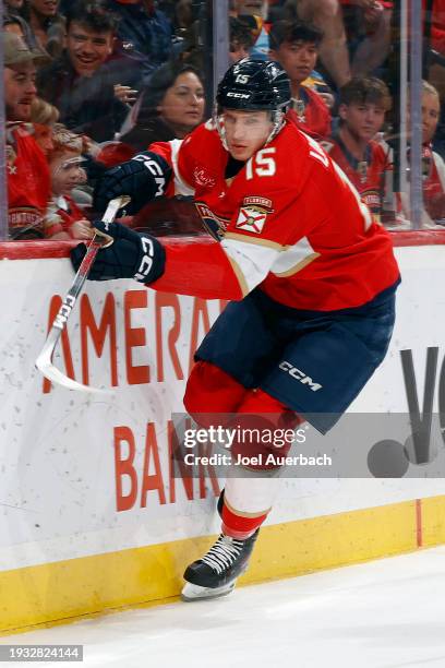 Anton Lundell of the Florida Panthers circles behind the New Jersey Devils net during first period action at the Amerant Bank Arena on January 13,...