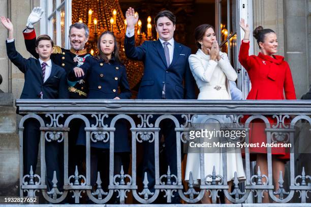 King Frederik X with Queen Mary, Crown Prince Christian, Princess Isabella, Prince Vincent and Princess Josephine enters the balcony on Amalienborg...