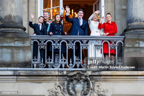 King Frederik X with Queen Mary, Crown Prince Christian, Princess Isabella, Prince Vincent and Princess Josephine enters the balcony on Amalienborg...