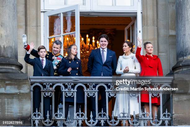 King Frederik X with Queen Mary, Crown Prince Christian, Princess Isabella, Prince Vincent and Princess Josephine enters the balcony on Amalienborg...