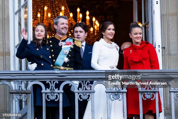 King Frederik X with Queen Mary, Crown Prince Christian, Princess Isabella and Princess Josephine enters the balcony on Amalienborg Castle after his...