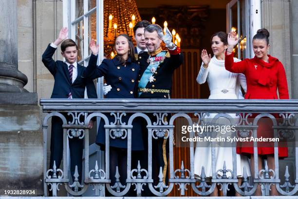 King Frederik X with Queen Mary, Crown Prince Christian, Princess Isabella, Prince Vincent and Princess Josephine enters the balcony on Amalienborg...