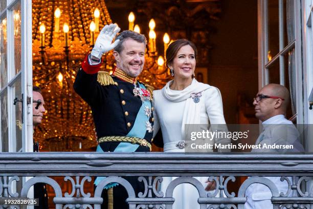King Frederik X with Queen Mary enters the balcony on Amalienborg Castle after his proclamation on January 14, 2024 in Copenhagen, Denmark. King...