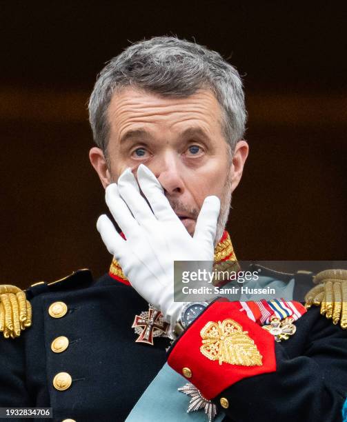 Danish King Frederik X after his proclamation by the Prime Minister, Mette Frederiksen on the balcony of Christiansborg Palace on January 14, 2024 in...