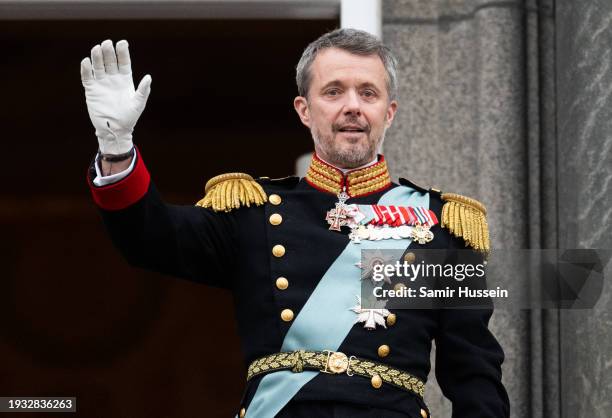 Danish King Frederik X after his proclamation by the Prime Minister, Mette Frederiksen on the balcony of Christiansborg Palace on January 14, 2024 in...