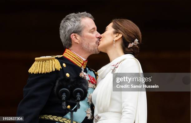 Danish King Frederik X and wife Queen Mary of Denmark after their proclamation by the Prime Minister, Mette Frederiksen on the balcony of...