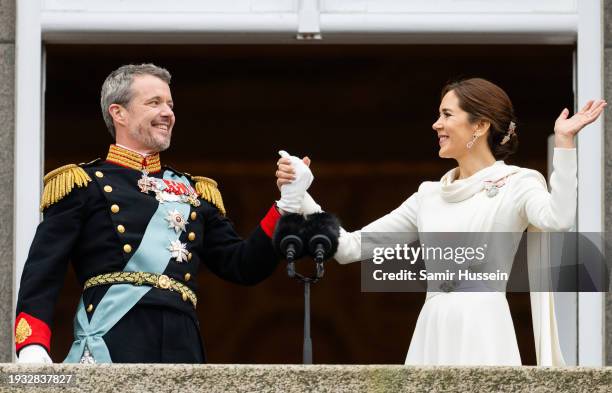 Danish King Frederik X and wife Queen Mary of Denmark after their proclamation by the Prime Minister, Mette Frederiksen on the balcony of...