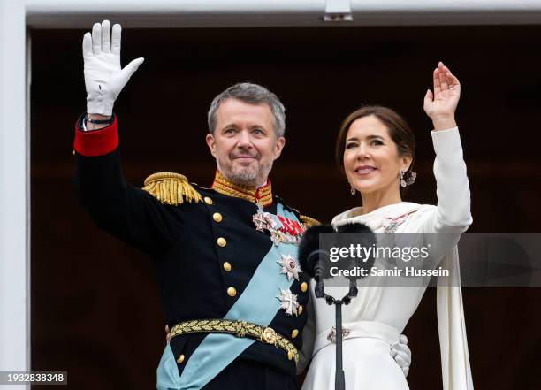 Danish King Frederik X and wife Queen Mary of Denmark after their proclamation by the Prime Minister, Mette Frederiksen on the balcony of...