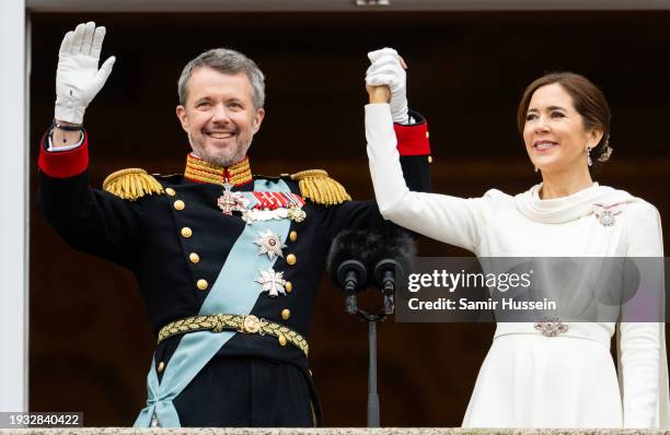 Danish King Frederik X and wife Queen Mary of Denmark after their proclamation by the Prime Minister, Mette Frederiksen on the balcony of...