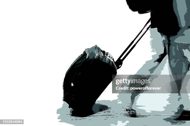 printmaking style of traveller pulling luggage - blurred people walking stock illustrations