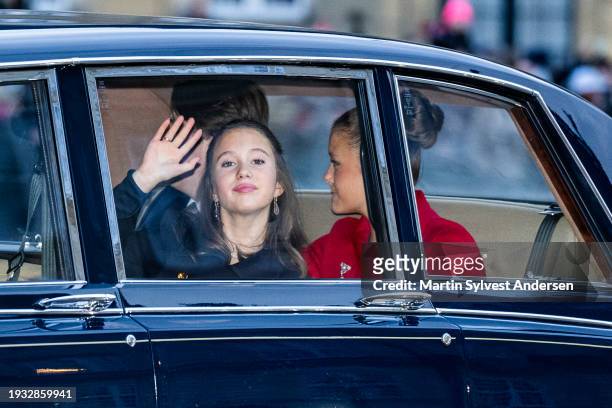 Princess Josephine waves as she and her siblings Prince Vincent, Princess Isabella and Crown Prince Christian arrive at Amalienborg after the...