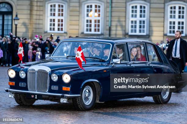 Princess Josephine waves as she and her siblings Prince Vincent, Princess Isabella and Crown Prince Christian arrive at Amalienborg after the...
