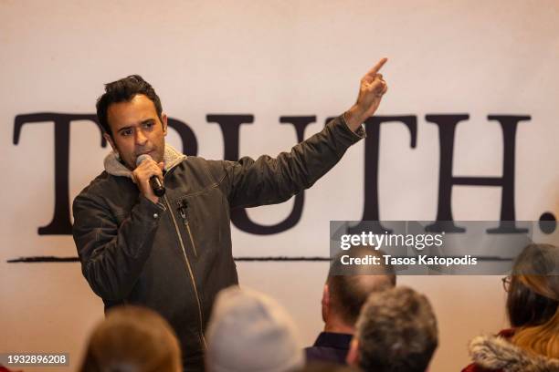 Republican presidential candidate businessman Vivek Ramaswamy speaks to attendees during a campaign stop on on January 14, 2024 in Ames, Iowa....
