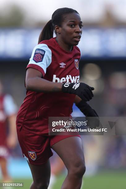 Viviane Asseyi of West Ham in action during the Adobe Women's FA Cup Fourth Round match between Chelsea Women and West Ham United Women at...