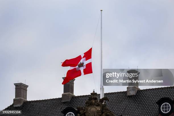 The Royal House Standard of Denmark is raised after the proclamation of HM King Frederik X and HM Queen Mary of Denmark at Amalienborg Palace Square...