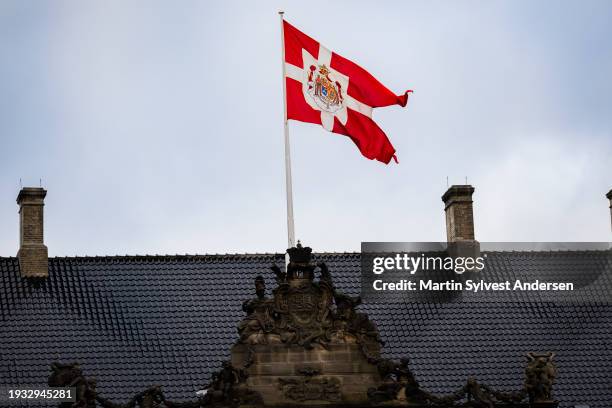 The Royal House Standard of Denmark is raised after the proclamation of HM King Frederik X and HM Queen Mary of Denmark at Amalienborg Palace Square...