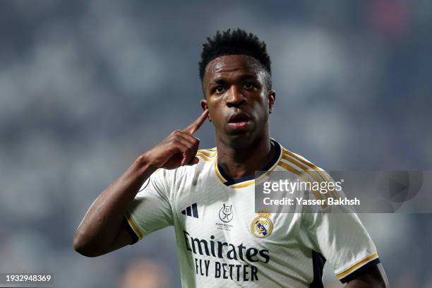 Vinicius Junior of Real Madrid celebrates after scoring their team's first goal during the Super Copa de España Final match between Real Madrid and...