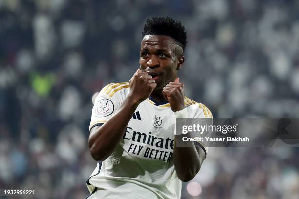 Vinicius Junior of Real Madrid celebrates after scoring their team's first goal during the Super Copa de España Final match between Real Madrid and...