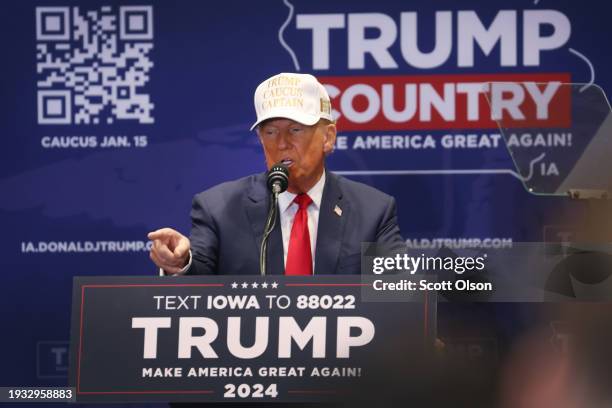 Republican presidential candidate former President Donald Trump speaks to supporters during a rally at Simpson College on January 14, 2024 in...