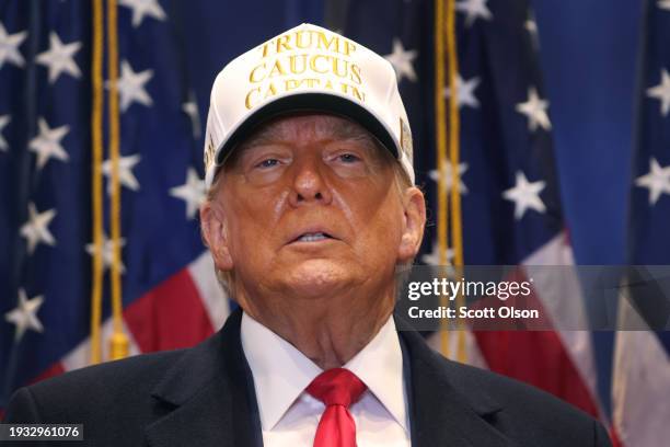 Republican presidential candidate former President Donald Trump speaks to supporters during a rally at Simpson College on January 14, 2024 in...