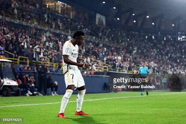 Vinicius Junior of Real Madrid celebrates after scoring their team's first goal during the Super Copa de España Final match between Real Madrid and...