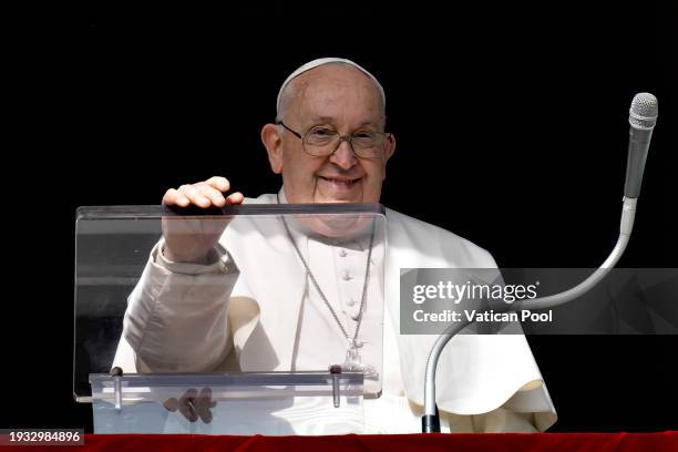 Pope Francis delivers his Sunday Angelus blessing from his studio overlooking St. Peter's Square on January 14, 2024 in Vatican City, Vatican. Pope...