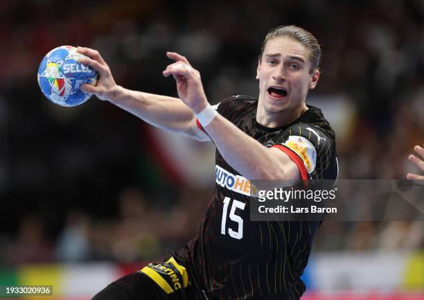 Juri Knorr of Germany in action during the Men's EHF Euro 2024 preliminary round match between North Macedonia and Germany at Mercedes-Benz Arena on...