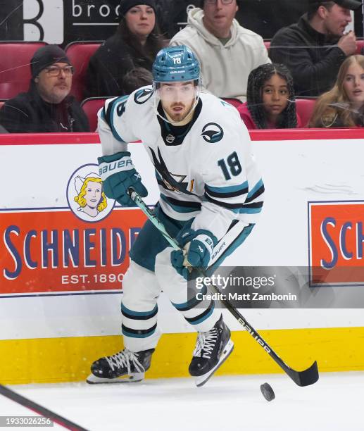 Filip Zadina of the San Jose Sharks skates against the Ottawa Senators at Canadian Tire Centre on January 13, 2024 in Ottawa, Ontario, Canada.