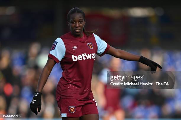 Viviane Asseyi of West Ham looks on during the Adobe Women's FA Cup Fourth Round match between Chelsea Women and West Ham United Women at Kingsmeadow...