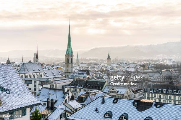 old zurich town in winter view of the roof with snow - 里馬特河 個照片及圖片檔