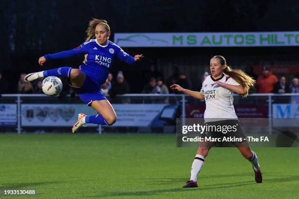 Janice Cayman of Leicester City scores a goal during the Adobe Women's FA Cup Fourth Round between Derby County Women and Leicester City Women at Don...