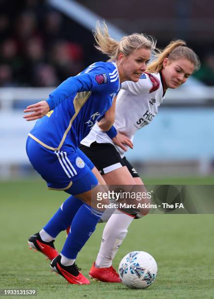 Lena Petermann of Leicester City in action with Helena Meadows of Derby County during the Adobe Women's FA Cup Fourth Round between Derby County...