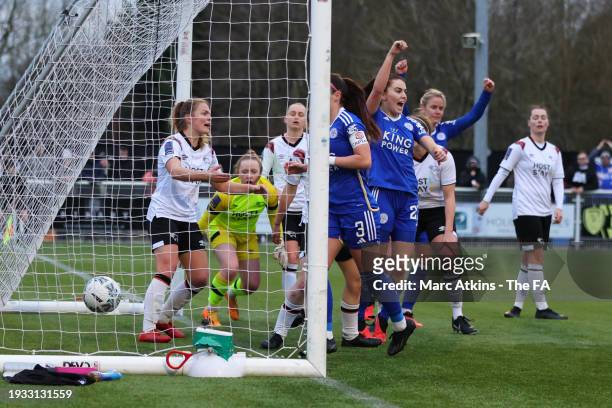 Leicester City players celebrate the opening goal scored by Lena Petermann during the Adobe Women's FA Cup Fourth Round between Derby County Women...
