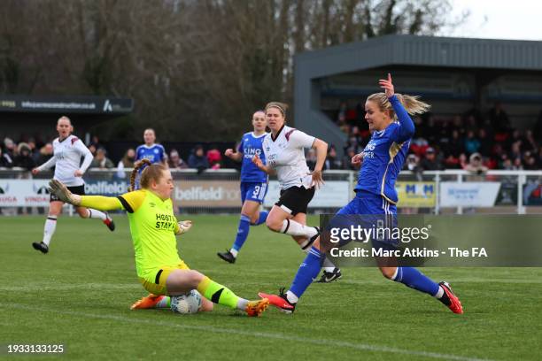 Anna Draper of Derby County saves from Lena Petermann of Leicester City during the Adobe Women's FA Cup Fourth Round between Derby County Women and...